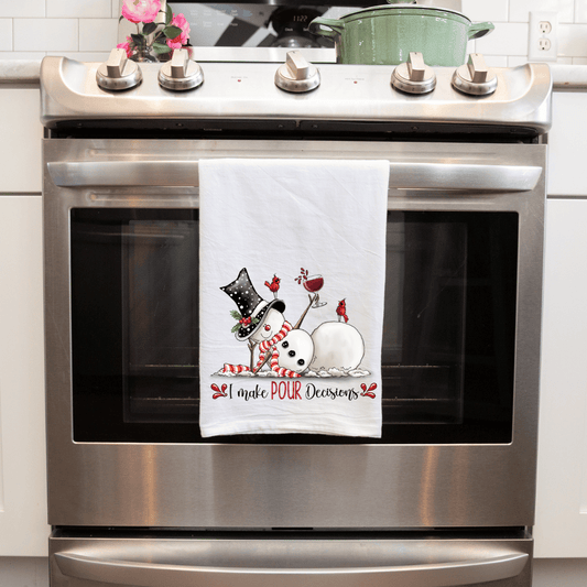 Handmade Sublimated Kitchen Tea Towel - 'I Make Pour Decisions' Funny Snowman Design