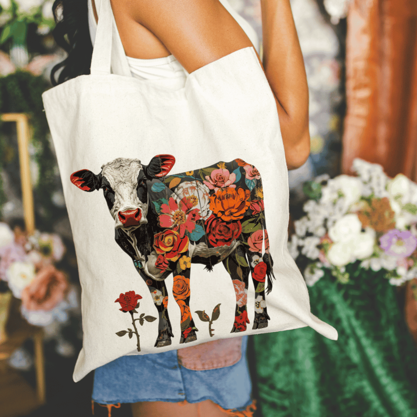 Floral Cow 15X16 Canvas Tote